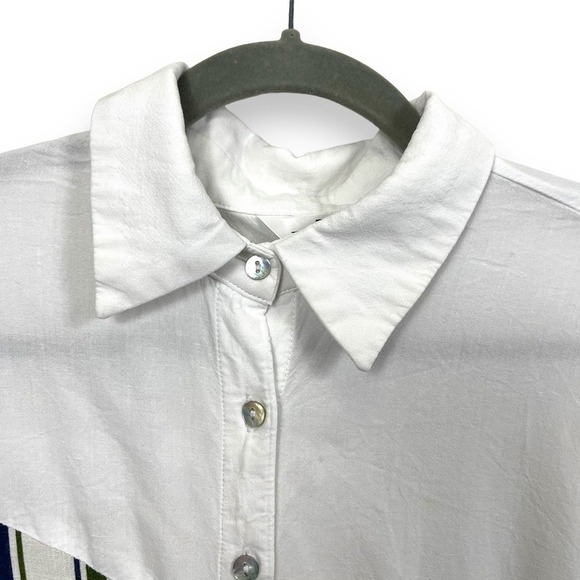 BESS Womens Top XL White Green Linen Blend 3/4 Sleeve Boxy Fit Button Down - Picture 3 of 11